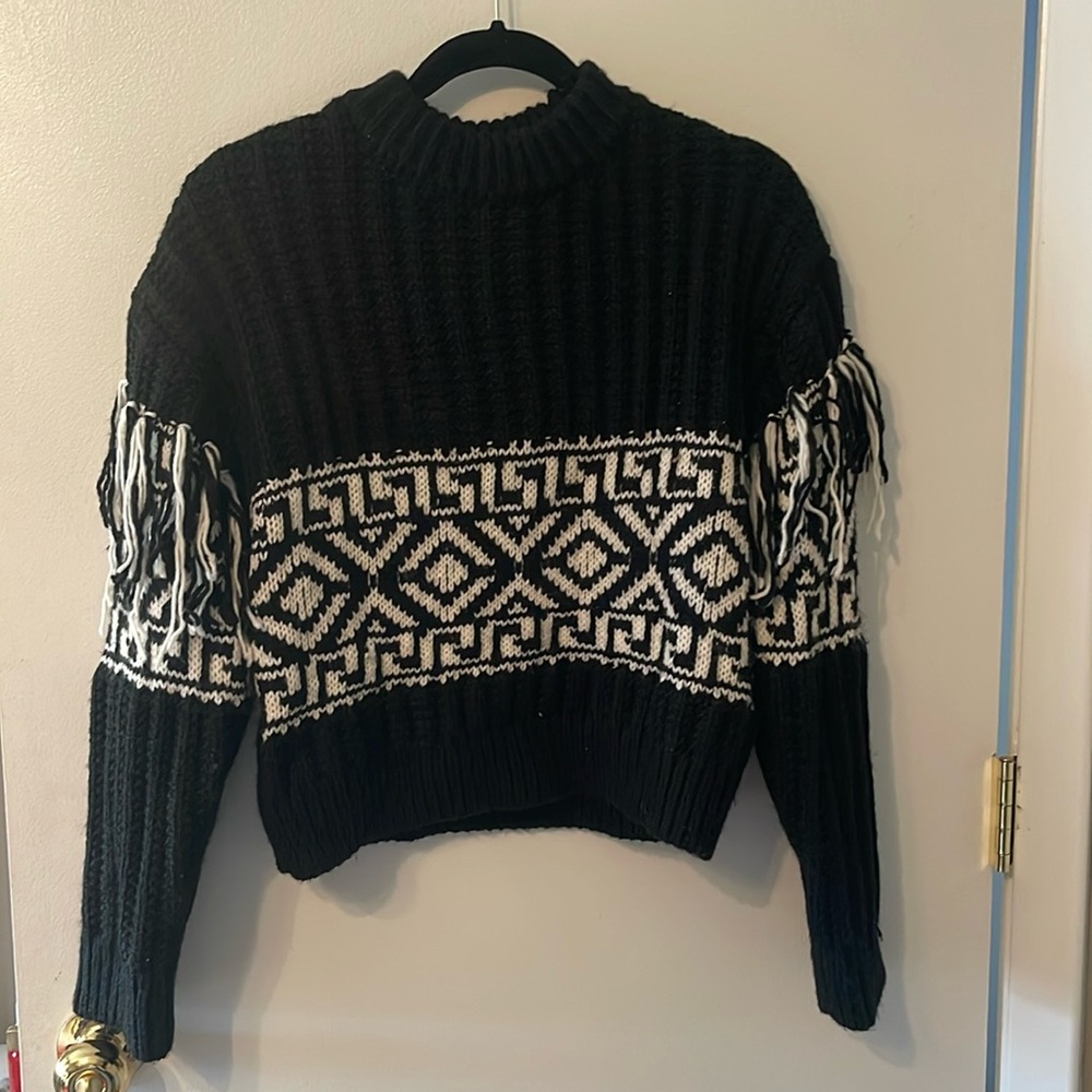 H&M Cable Knit Black Fringe Sweater